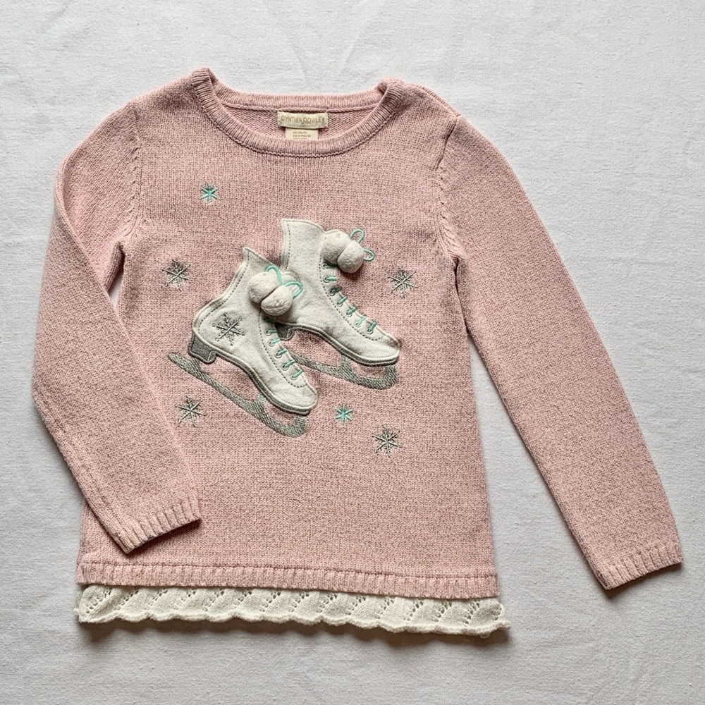 Cynthia Rowley Embroidered Snowflakes Winter Ice Skates Pink White Sweater 5-6